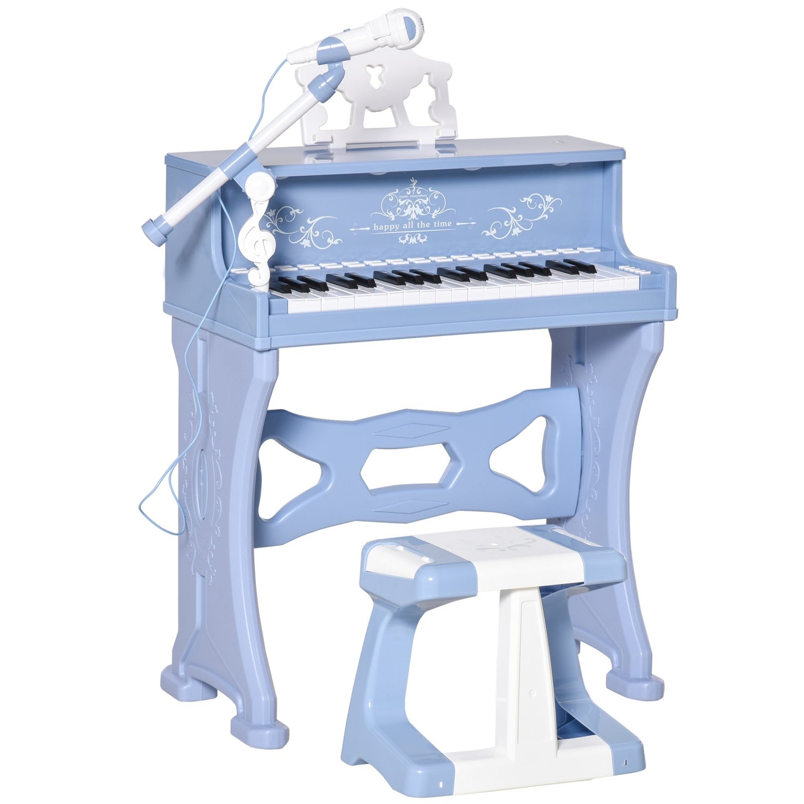 Blue kids electronic grand piano toy with 37 keys, microphone and stool for children aged 3-8 — Bambelou UK