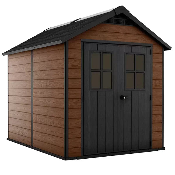Keter Newton 7x9ft Double Door Apex Garden Shed, Brown Wood Effect