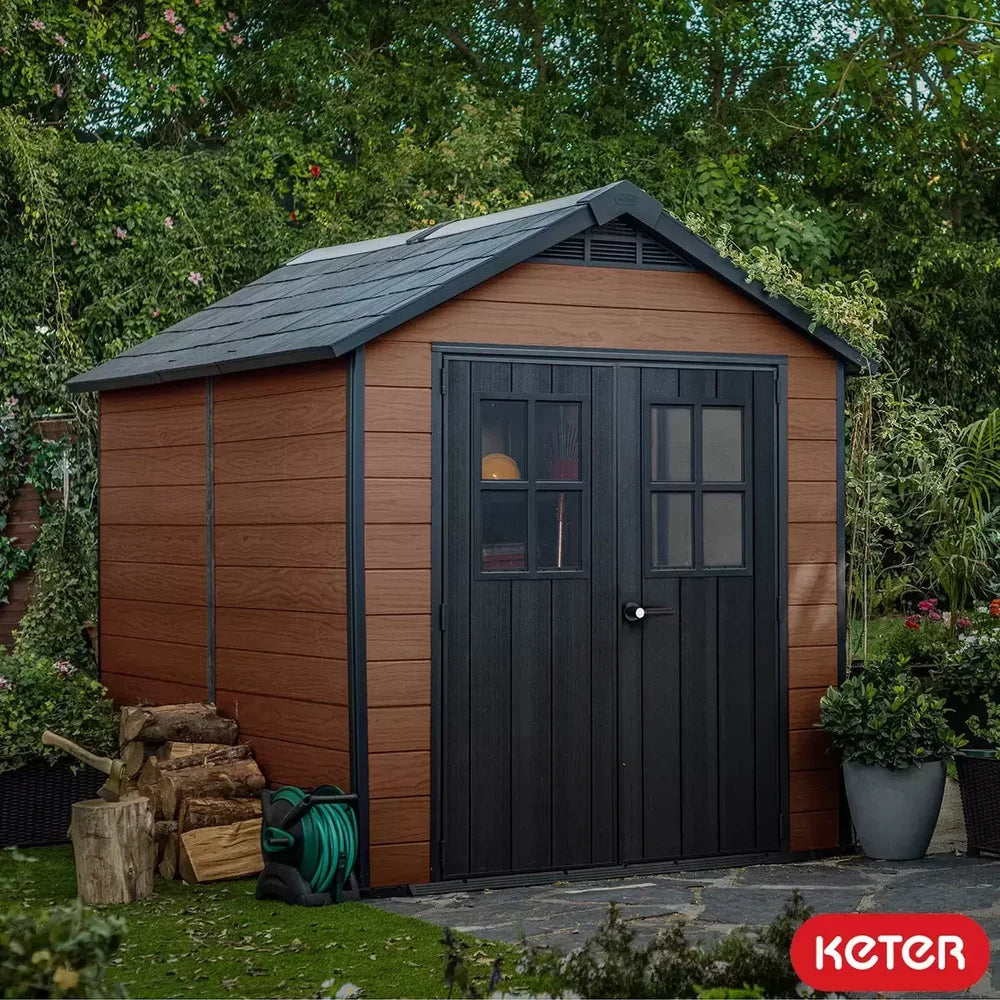 Keter Newton 7x9ft Double Door Apex Garden Shed, Brown Wood Effect