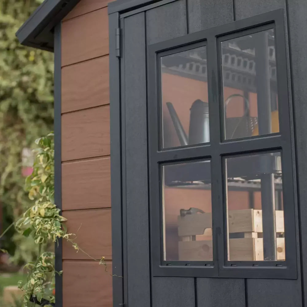 Keter Newton 7x9ft Double Door Apex Garden Shed, Brown Wood Effect