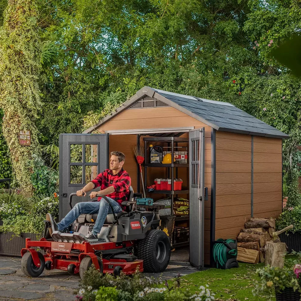 Keter Newton 7x9ft Double Door Apex Garden Shed, Brown Wood Effect