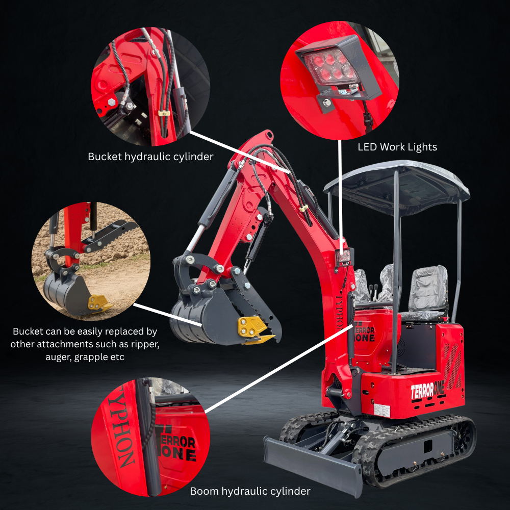 TYPHON TERROR ONE STORM Mini Excavator 1 Ton Trench Digger with Canopy, Hydraulic Oil Cooler, Hydraulic Thumb Clip, Bucket, 13.5hp B&S Gas Engine USA